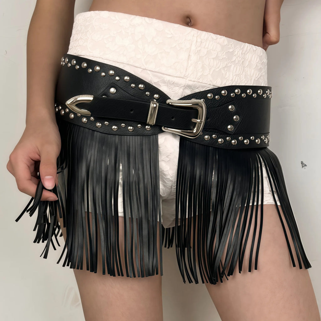 Retro Belt Western Cowboy Fringe Belt Bohemian-style Wide Waist Belt With Tassels Gothic Punk Fashion Belt Pu Material