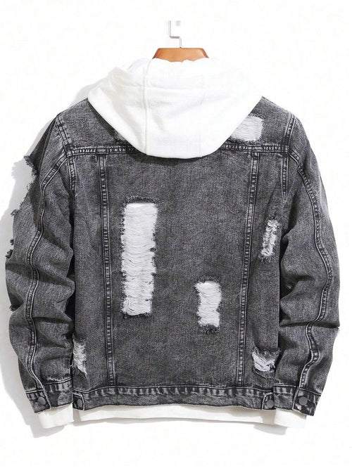 1Pc Y2Kmen's Four Seasons Destroyed Stone Washed Light Jacket Daily American Street Casual Denim Jacket (No Hood/No Accessories)