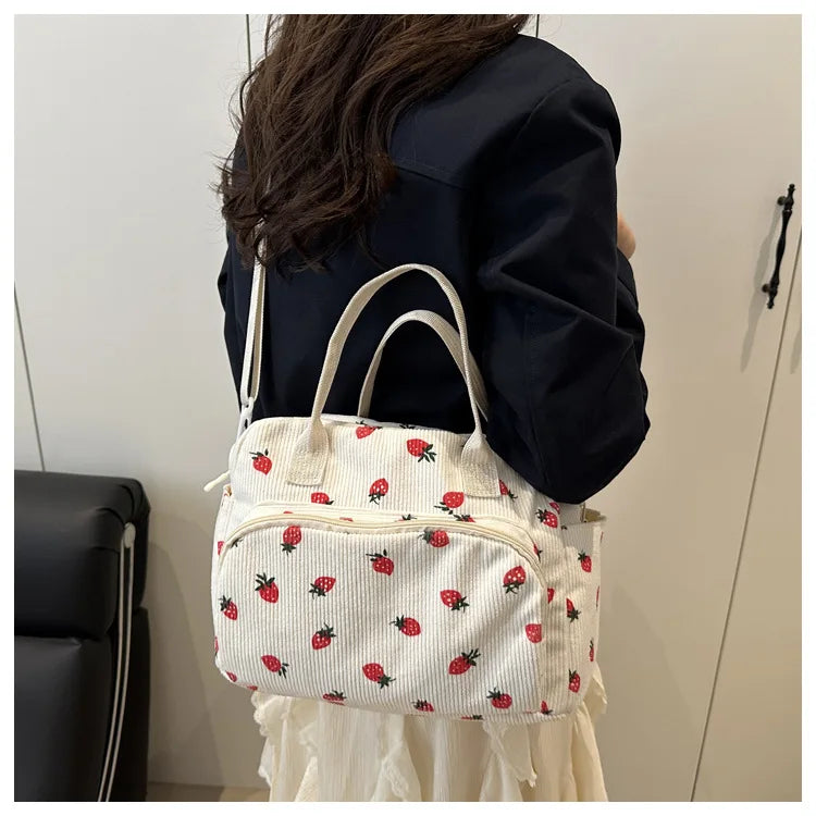 Strawberry Shoulder Bag Fashion Corduroy tote bags Large Capacity females women handbag Adjustable Strap Outdoor Travel Bag 2025